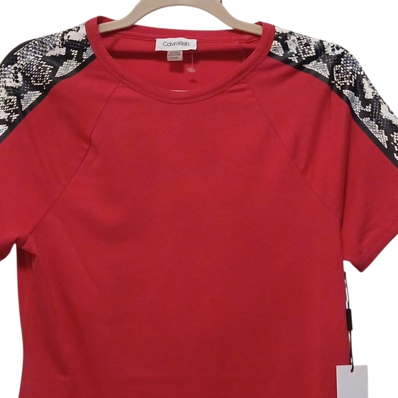 Calvin Klein -NWT Red Mini Dress W/Faux Snake Skin Embellishment On Short Sleeve - Picture 4 of 12